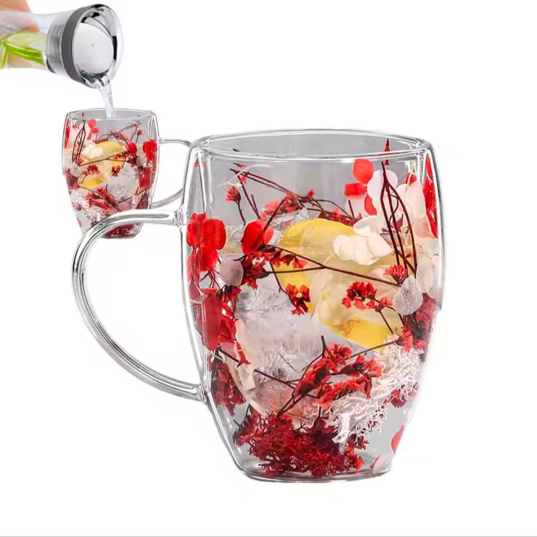 Double Wall Glass Cup 350ml Dry Flower Cup With Handle Anti-Scalding Mugs for Milk Chocolate Tea Juice Hot Cold Beverages