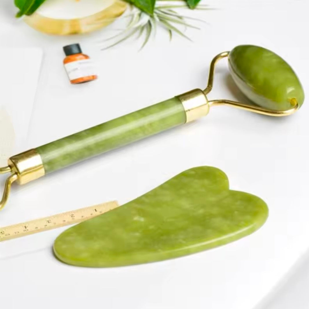 Natural Jade Stone Double-Headed Facial Massage Roller Guashe Board for Face & Body Skin Relaxation Neck Care Beauty Slimming