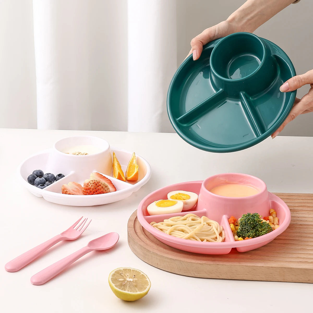Divided Dinner Plate with Spoon & Fork – BPA-Free & Durable