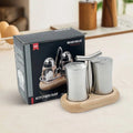Stainless Steel Salt and Pepper Set with Wooden Holder